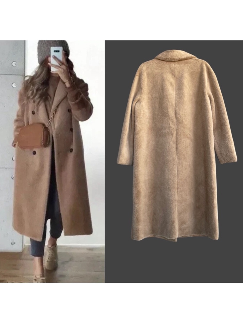 Zara Teddy Trench Coat Faux Fur Double Breasted w/Pockets Camel Tan Beige M